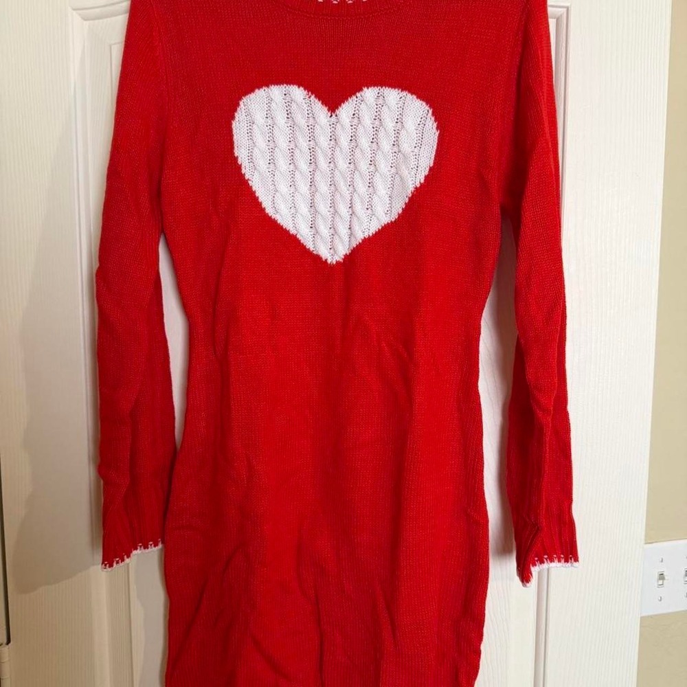 SHEIN Red Knit Heart Sweater Dress White Cable Design Valentines Coquette Large